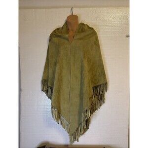 Vintage Women One Size 100% Leather Shawl Olive Green Hippie Bohemian Western